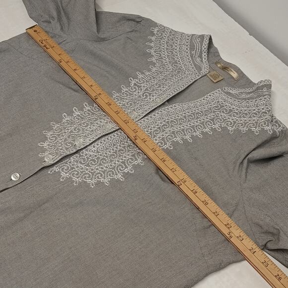 womens ecologie top Sz 2X gray/white 3/4 sleeves embroidered front button down - Picture 8 of 10